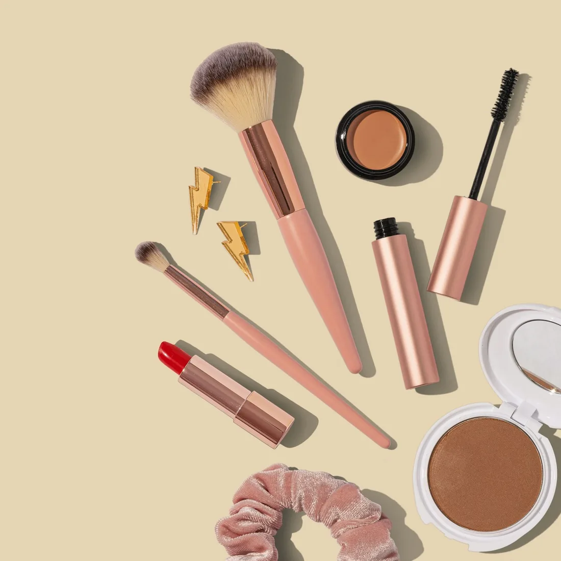 Beauty products arranged for a content shoot